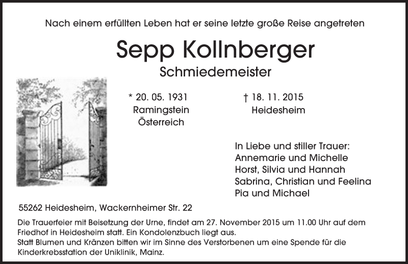  Traueranzeige für Sepp Kollnberger vom 21.11.2015 aus  Allgemeine  Zeitung Ingelheim-Bingen