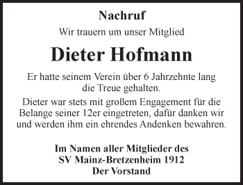 Traueranzeige von Dieter Hofmann von trauer.rmp.de