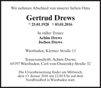 Traueranzeige von Gertrud Drews von  Wiesbaden komplett