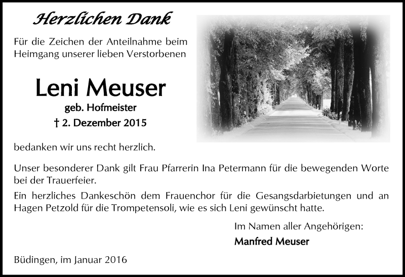  Traueranzeige für Leni Meuser vom 09.01.2016 aus  Sonntags Anzeiger