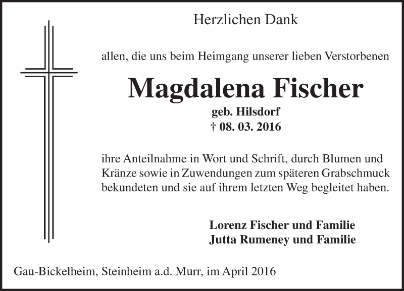  Traueranzeige für Magdalena Fischer vom 23.04.2016 aus  Allgemeine Zeitung Alzey