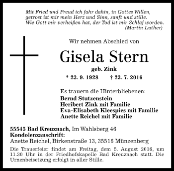 Traueranzeige von Gisela Stern von Trauerportal Rhein Main Presse