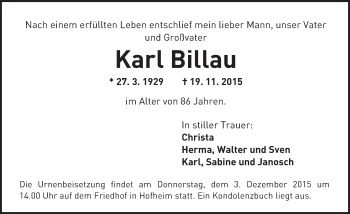 Traueranzeige von Karl Billau von  Wormser Zeitung