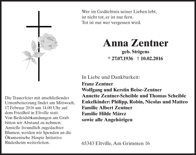  Traueranzeige für Anna Zentner vom 13.02.2016 aus  Rheingau
