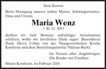 Traueranzeige von Maria Wenz von  Allgemeine Zeitung Mainz