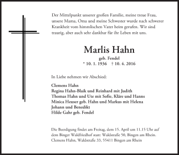 Traueranzeige von Marlis Hahn von  Allgemeine  Zeitung Ingelheim-Bingen