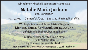 Traueranzeige von Natalie Maria Jochum von  Allgemeine  Zeitung Ingelheim-Bingen