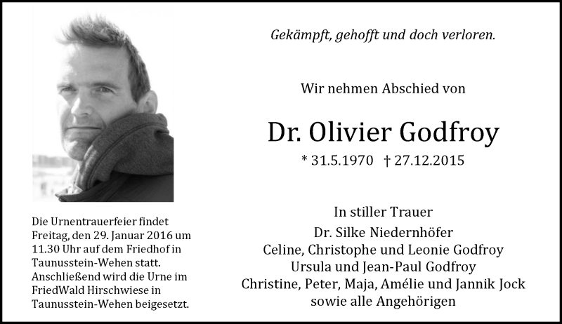  Traueranzeige für Olivier Godfroy vom 15.01.2016 aus  Hofheimer Zeitung