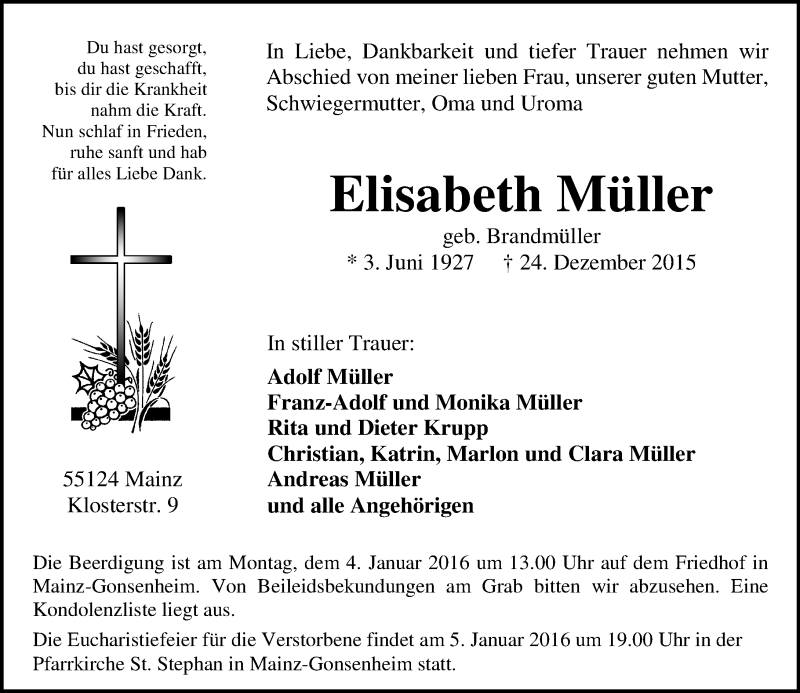  Traueranzeige für Elisabeth Müller vom 30.12.2015 aus  Allgemeine Zeitung Mainz