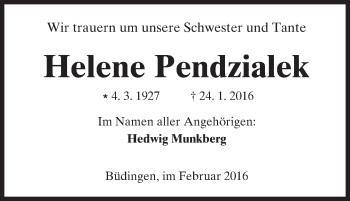 Traueranzeige von Helene Pendzialek von  Kreisanzeiger