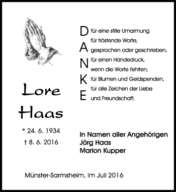 Traueranzeige von Lore Haas von Trauerportal Rhein Main Presse
