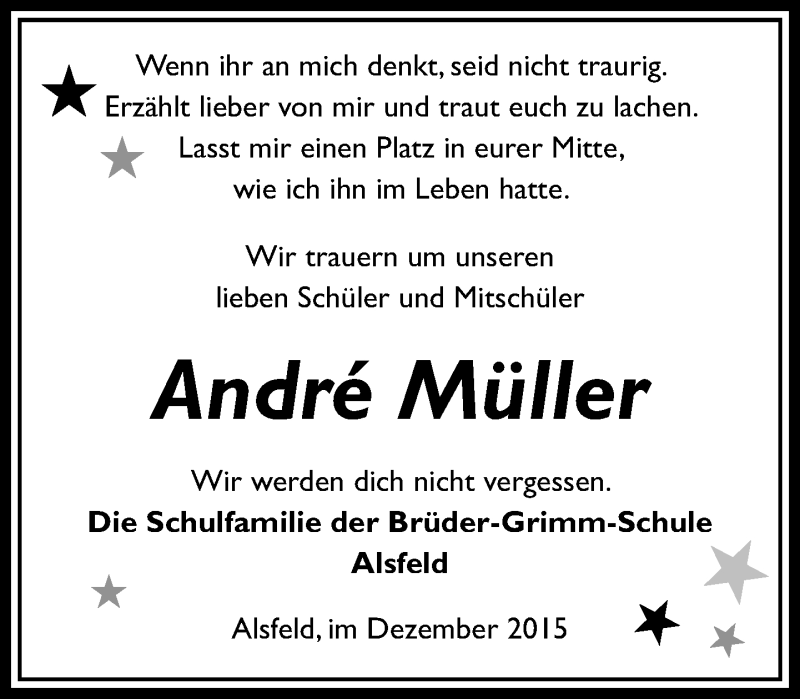  Traueranzeige für André Müller vom 22.12.2015 aus VRM Trauer