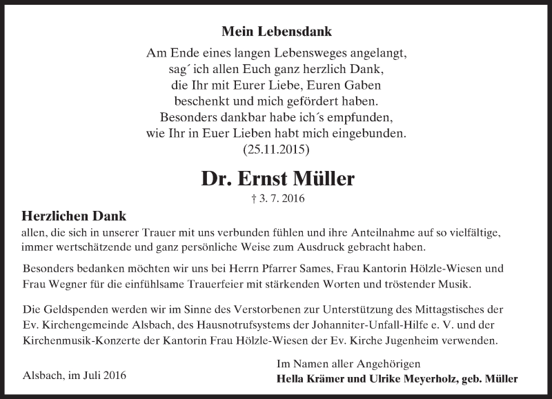  Traueranzeige für Ernst Müller vom 23.07.2016 aus Trauerportal Echo Online