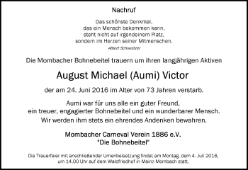 Traueranzeige von August Michael Victor von Trauerportal Rhein Main Presse