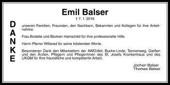 Traueranzeige von Emil Balser von  Gießener Anzeiger