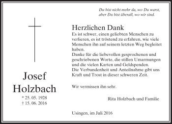 Traueranzeige von Josef Holzbach von  Usinger Anzeiger