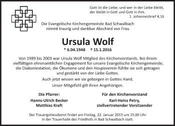 Traueranzeige von Ursula Wolf von  WK-UTA/Aar-Bote