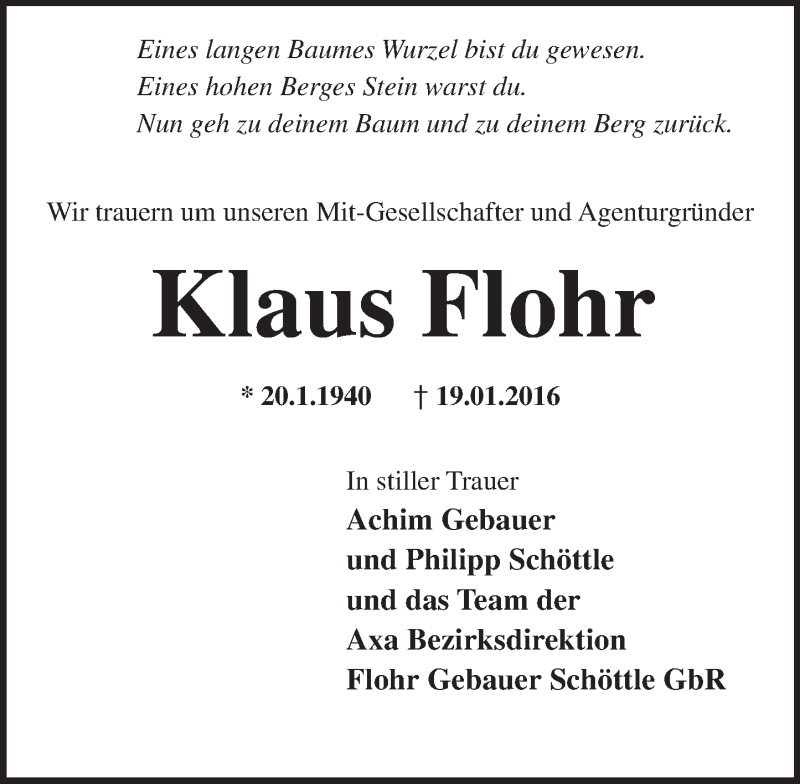  Traueranzeige für Klaus Flohr vom 23.01.2016 aus trauer.rmp.de