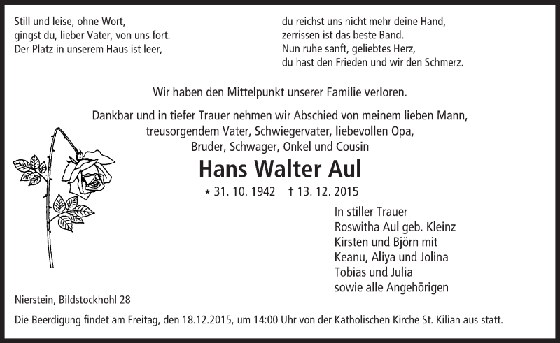  Traueranzeige für Hans Walter Aul vom 16.12.2015 aus  Landskrone