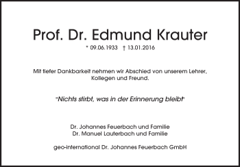 Traueranzeige von Edmund Krauter von  Allgemeine Zeitung Mainz