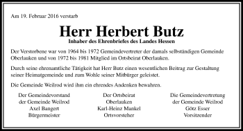 Traueranzeige von Herbert Butz von  Usinger Anzeiger