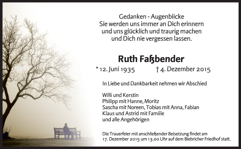  Traueranzeige für Ruth Faßbender vom 12.12.2015 aus  Wiesbaden komplett