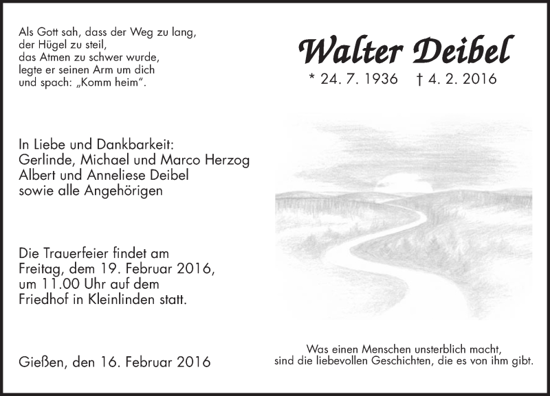  Traueranzeige für Walter Deibel vom 16.02.2016 aus  Gießener Anzeiger