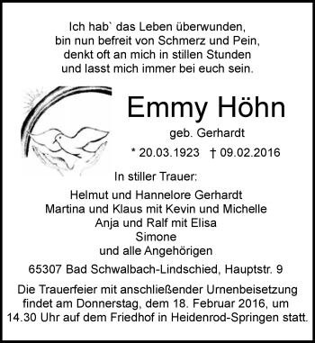 Traueranzeige von Emmy Höhn von  WK-UTA/Aar-Bote