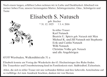 Traueranzeige von Elisabeth  Natusch von  Wiesbaden komplett
