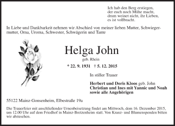 Traueranzeige von Helga John von  Allgemeine Zeitung Mainz