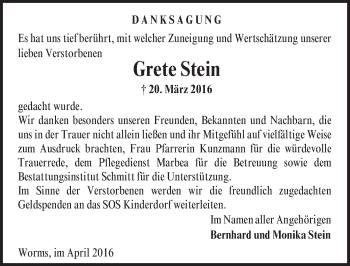 Traueranzeige von Grete Stein von  Wormser Zeitung