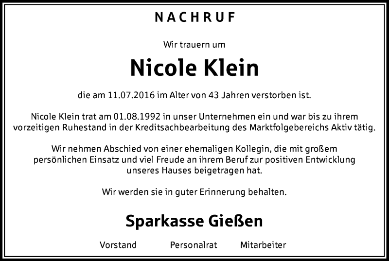  Traueranzeige für Nicole Klein vom 19.07.2016 aus  Gießener Anzeiger