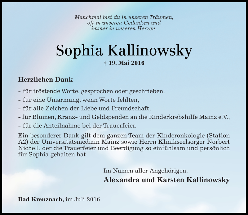  Traueranzeige für Sophia Kallinowsky vom 02.07.2016 aus Trauerportal Rhein Main Presse