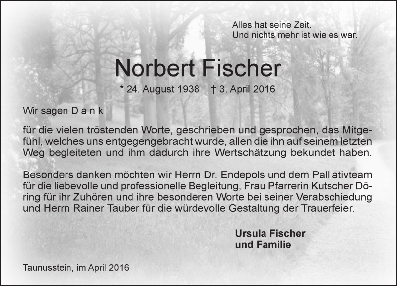  Traueranzeige für Norbert Fischer vom 23.04.2016 aus  Wiesbaden komplett
