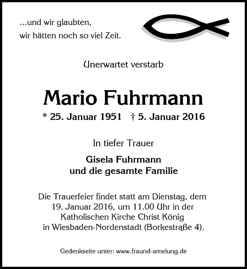  Traueranzeige für Mario Fuhrmann vom 16.01.2016 aus  Wiesbaden komplett