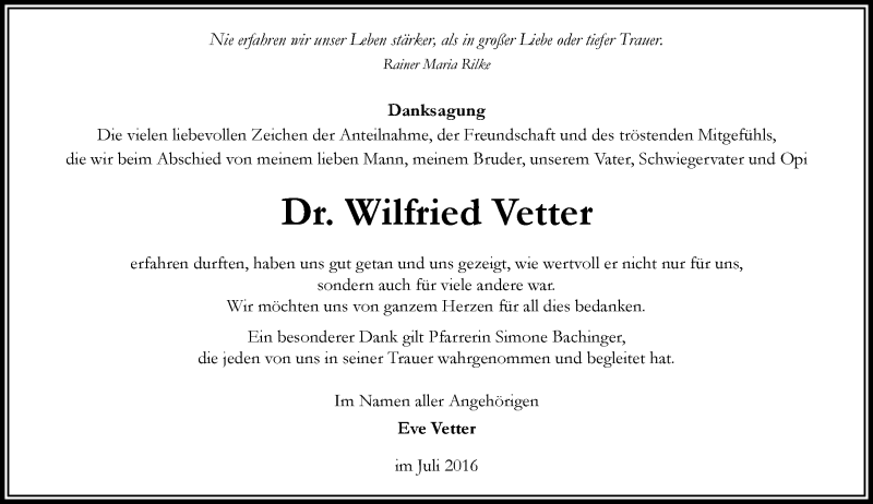  Traueranzeige für Wilfried Vetter vom 23.07.2016 aus Trauerportal Echo Online