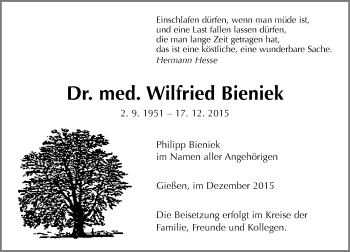 Traueranzeige von Wilfried Bieniek von  Gießener Anzeiger