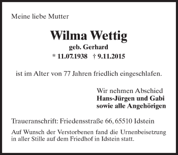 Traueranzeige von Wilma Wettig von  Idsteiner Zeitung
