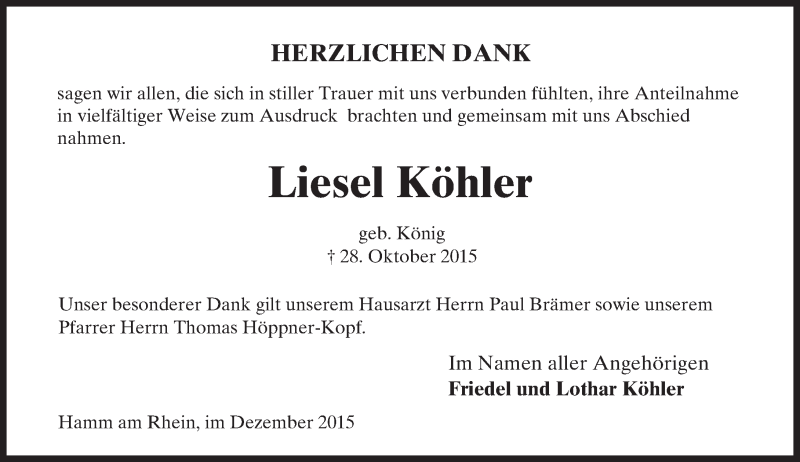  Traueranzeige für Liesel Köhler vom 16.12.2015 aus  Wormser Zeitung