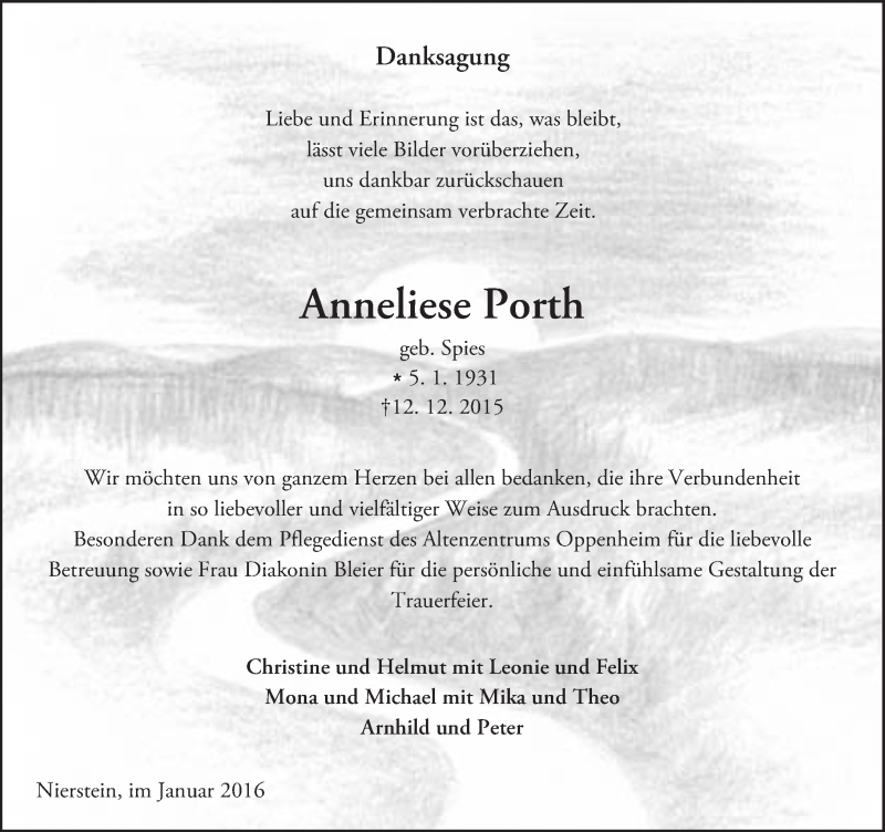  Traueranzeige für Anneliese Porth vom 09.01.2016 aus  Landskrone