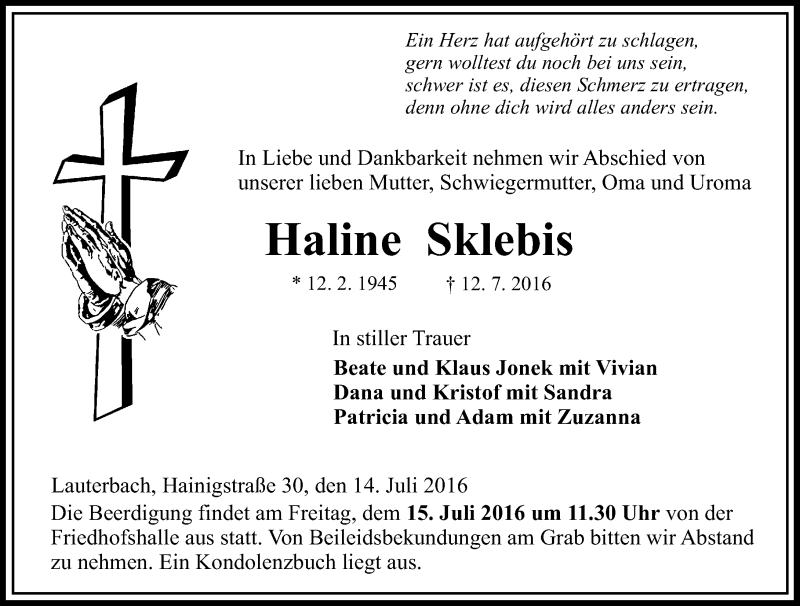  Traueranzeige für Haline Sklebis vom 14.07.2016 aus VRM Trauer