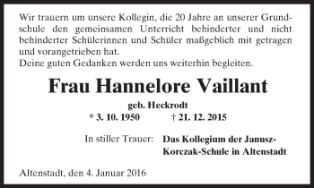Traueranzeige von Hannelore Vaillant von  Kreisanzeiger
