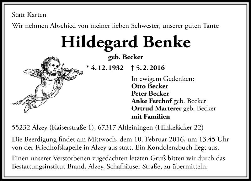  Traueranzeige für Hildegard Benke vom 08.02.2016 aus  Allgemeine Zeitung Alzey