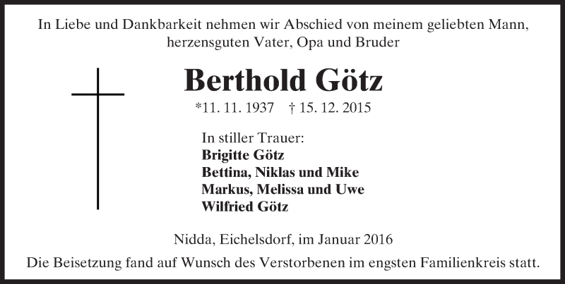  Traueranzeige für Berthold Götz vom 16.01.2016 aus  Kreisanzeiger