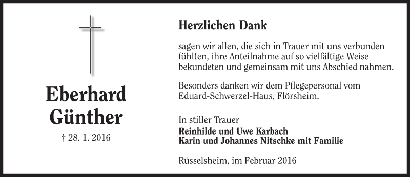  Traueranzeige für Eberhard Günther vom 20.02.2016 aus  Mainspitze