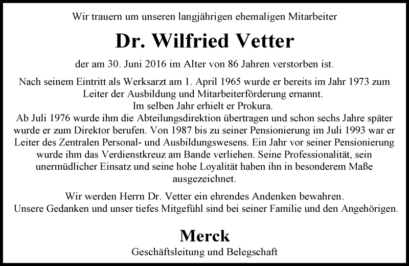  Traueranzeige für Wilfried Vetter vom 13.07.2016 aus Trauerportal Echo Online