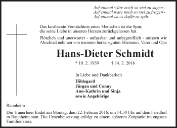 Traueranzeige von Hans-Dieter Schmidt von  Mainspitze