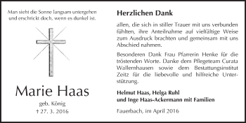 Traueranzeige von Marie Haas von  Sonntags Anzeiger