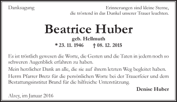 Traueranzeige von Beatrice Huber von  Allgemeine Zeitung Alzey