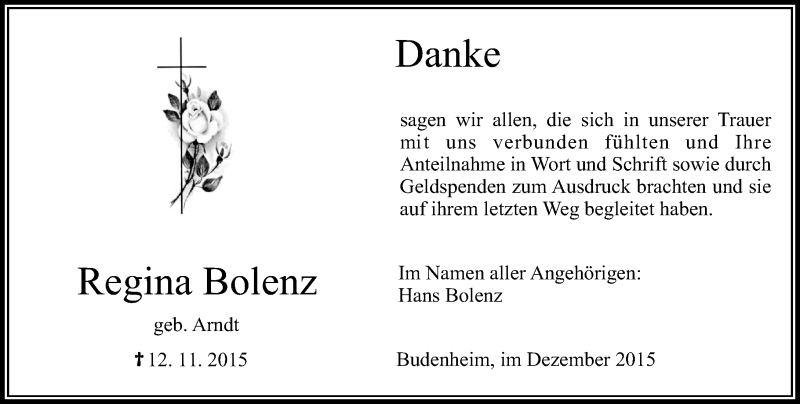  Traueranzeige für Regina Bolenz vom 05.12.2015 aus  Allgemeine Zeitung Mainz